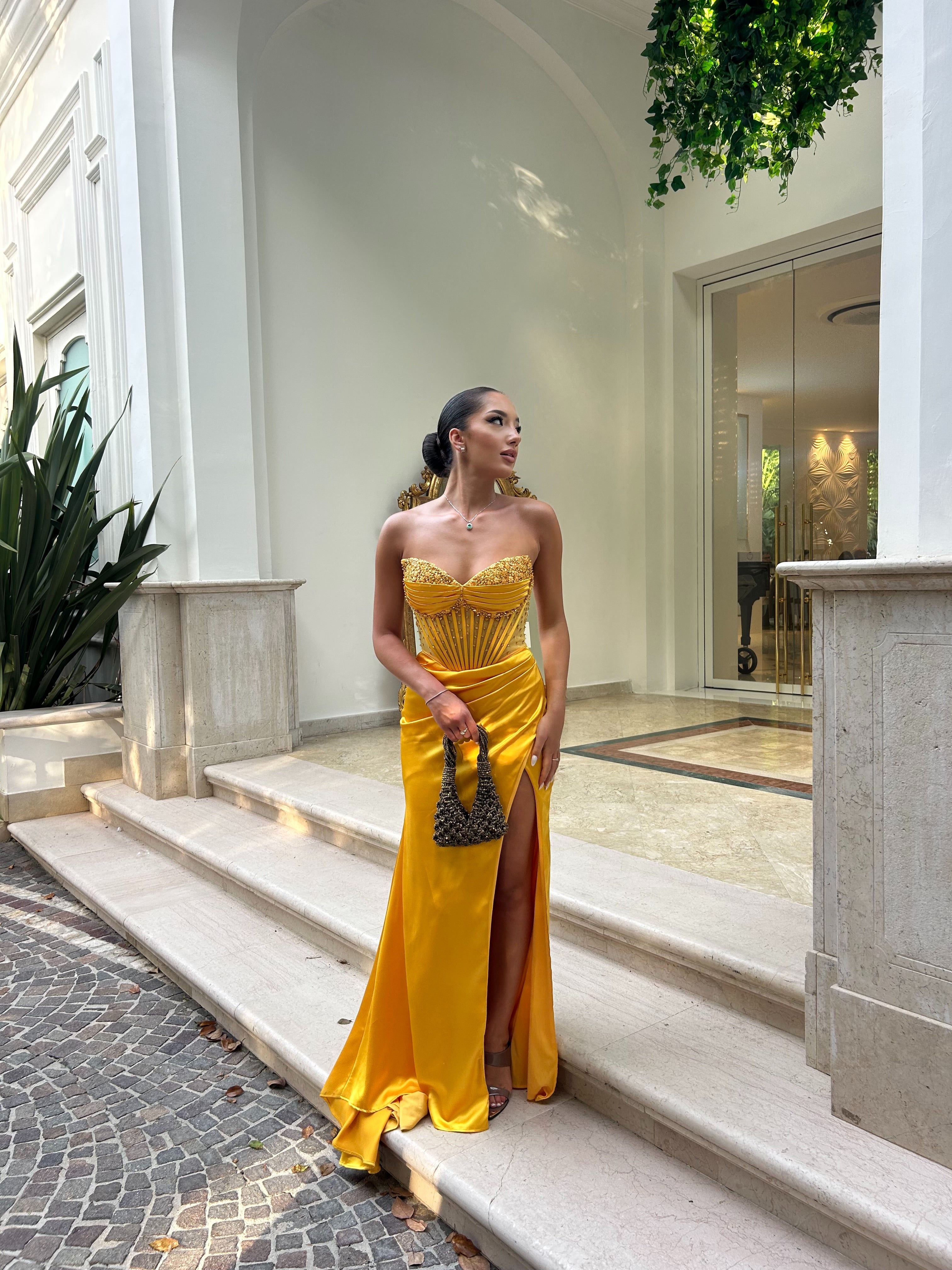 Abito Soleil – Lungo in Raso con Corsetto Gioiello