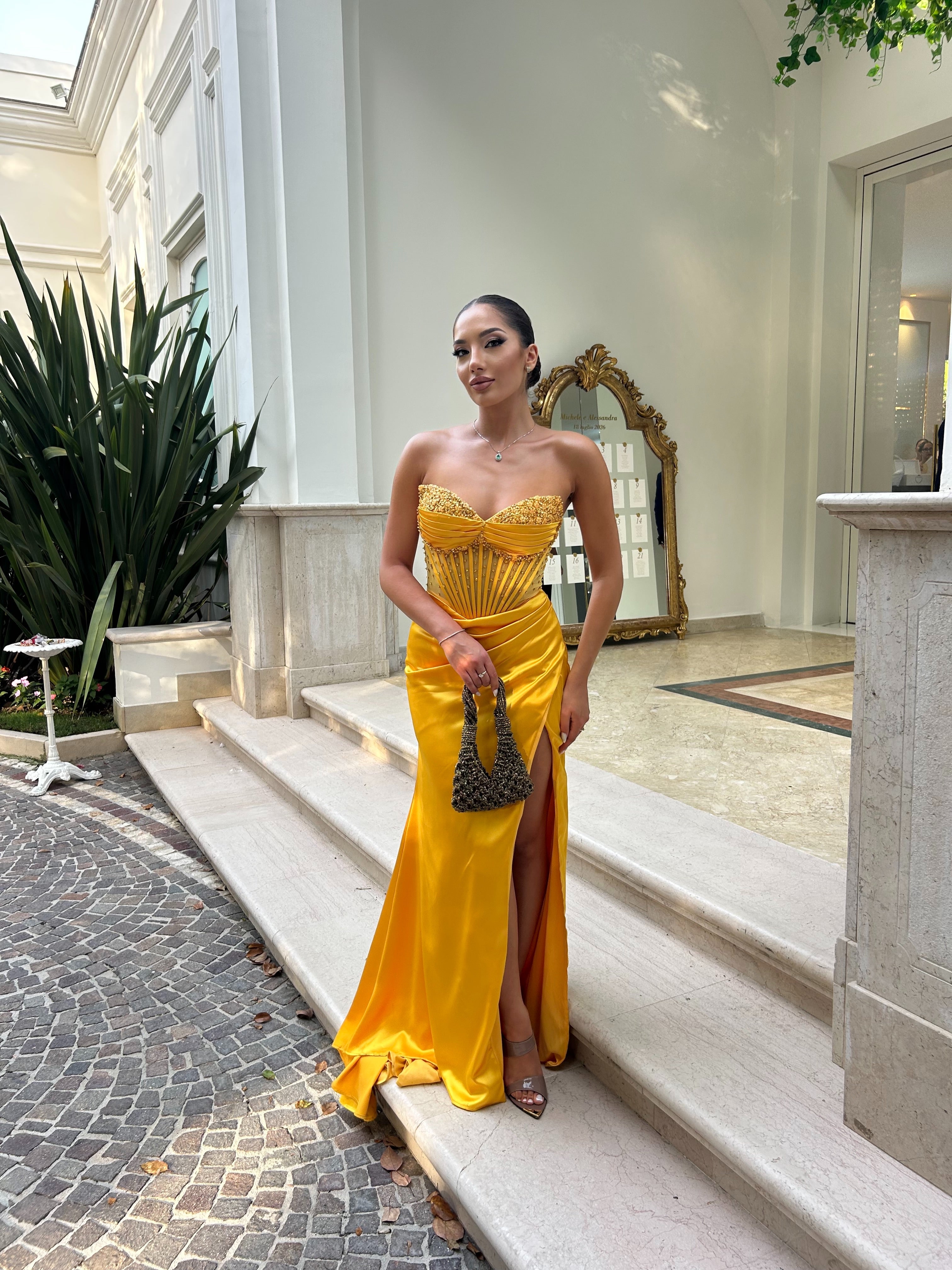Abito Soleil – Lungo in Raso con Corsetto Gioiello